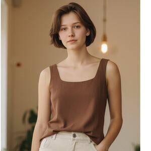 Vintage Donna Morgan Silk Linen Blend Brown Tank Blouse Minimalist Size 4